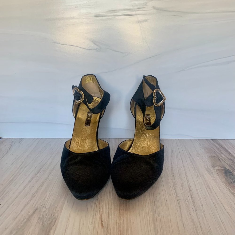 Moschino heels with rhinestone heart buckle